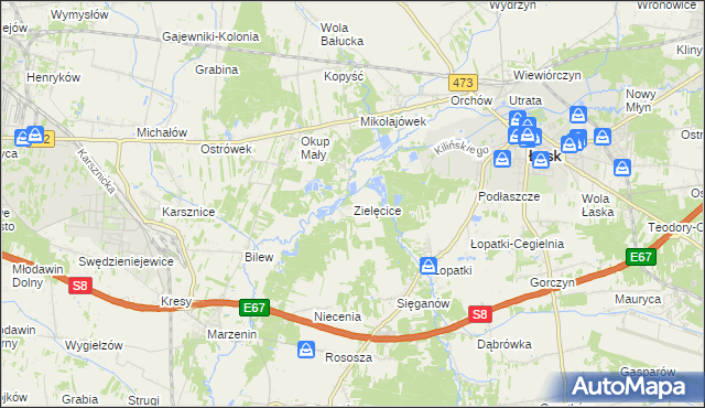 mapa Zielęcice gmina Łask, Zielęcice gmina Łask na mapie Targeo