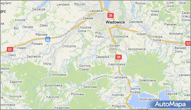 mapa Zawadka gmina Wadowice, Zawadka gmina Wadowice na mapie Targeo