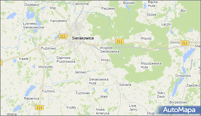 mapa Mrozy gmina Sierakowice, Mrozy gmina Sierakowice na mapie Targeo