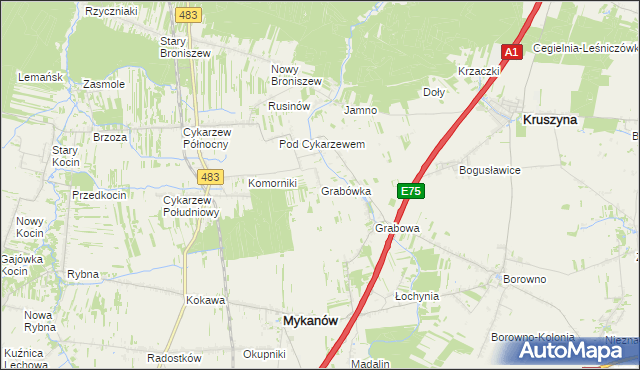 mapa Grabówka gmina Mykanów, Grabówka gmina Mykanów na mapie Targeo