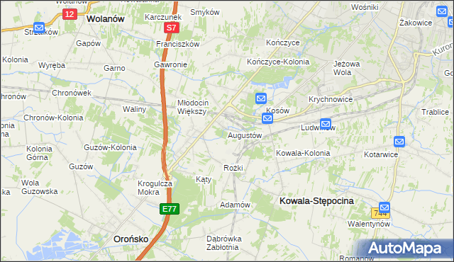 mapa Augustów gmina Kowala, Augustów gmina Kowala na mapie Targeo