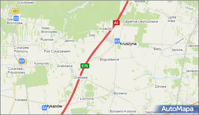 mapa Bogusławice gmina Kruszyna, Bogusławice gmina Kruszyna na mapie Targeo