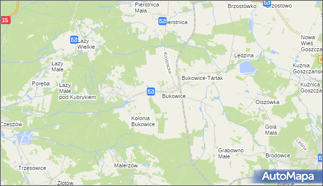 mapa Bukowice gmina Krośnice, Bukowice gmina Krośnice na mapie Targeo
