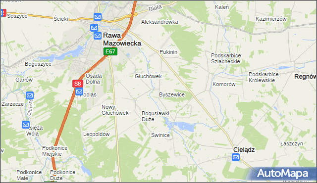 mapa Byszewice gmina Rawa Mazowiecka, Byszewice gmina Rawa Mazowiecka na mapie Targeo