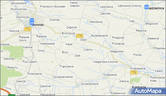 mapa Czechy gmina Słomniki, Czechy gmina Słomniki na mapie Targeo