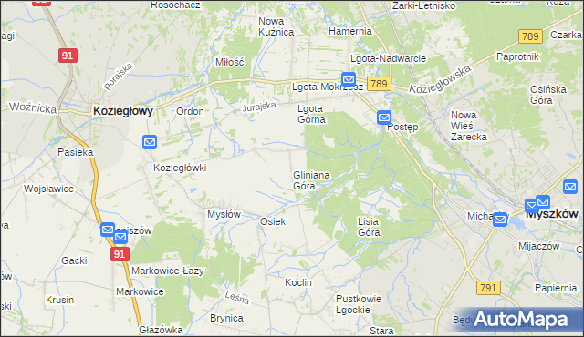 mapa Gliniana Góra gmina Koziegłowy, Gliniana Góra gmina Koziegłowy na mapie Targeo