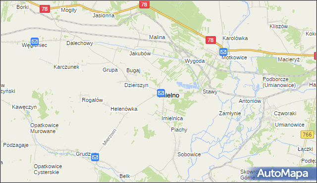 mapa Imielno powiat jędrzejowski, Imielno powiat jędrzejowski na mapie Targeo