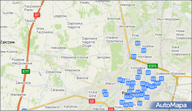 mapa Janiszew gmina Zakrzew, Janiszew gmina Zakrzew na mapie Targeo