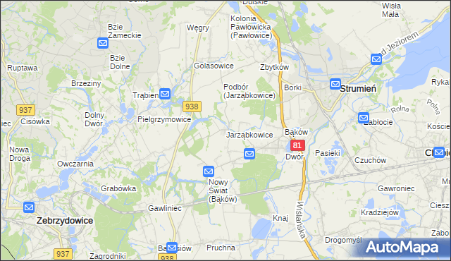 mapa Jarząbkowice gmina Pawłowice, Jarząbkowice gmina Pawłowice na mapie Targeo
