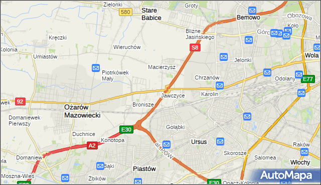mapa Jawczyce gmina Ożarów Mazowiecki, Jawczyce gmina Ożarów Mazowiecki na mapie Targeo
