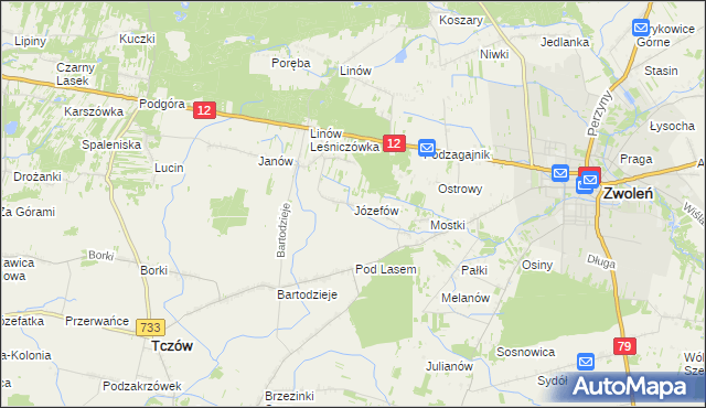 mapa Józefów gmina Tczów, Józefów gmina Tczów na mapie Targeo