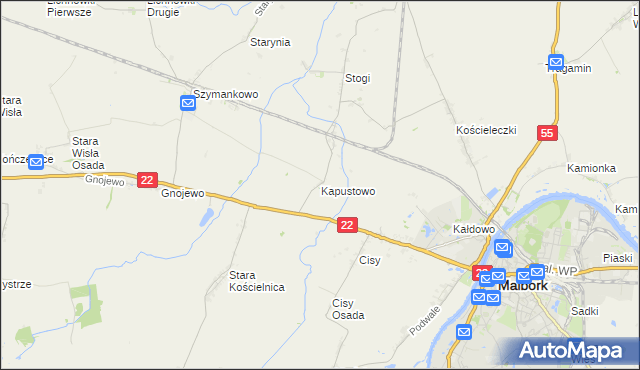 mapa Kapustowo gmina Malbork, Kapustowo gmina Malbork na mapie Targeo