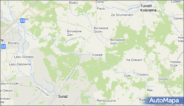 mapa Kowale gmina Suraż, Kowale gmina Suraż na mapie Targeo