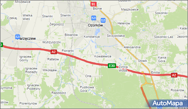 mapa Kowalewice gmina Parzęczew, Kowalewice gmina Parzęczew na mapie Targeo