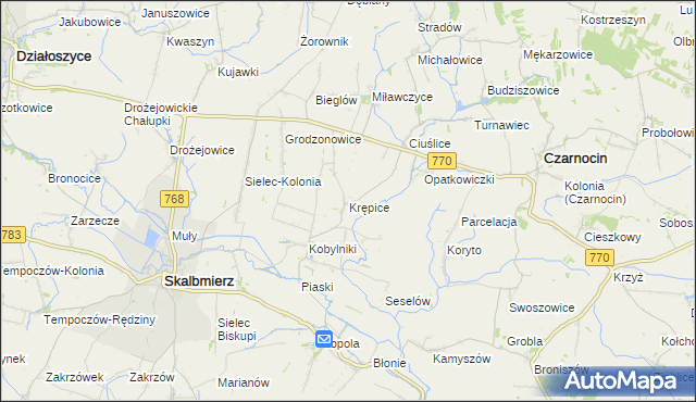 mapa Krępice gmina Skalbmierz, Krępice gmina Skalbmierz na mapie Targeo