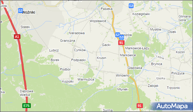 mapa Krusin gmina Koziegłowy, Krusin gmina Koziegłowy na mapie Targeo