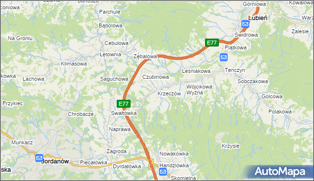 mapa Krzeczów gmina Lubień, Krzeczów gmina Lubień na mapie Targeo