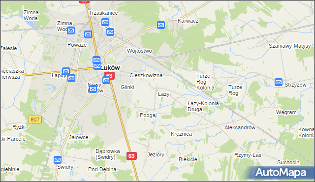 mapa Łazy gmina Łuków, Łazy gmina Łuków na mapie Targeo