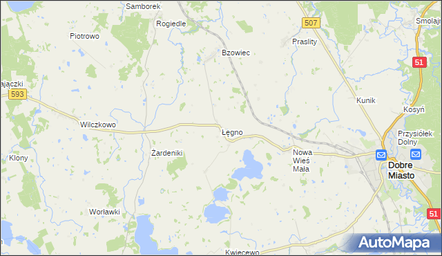 mapa Łęgno gmina Dobre Miasto, Łęgno gmina Dobre Miasto na mapie Targeo