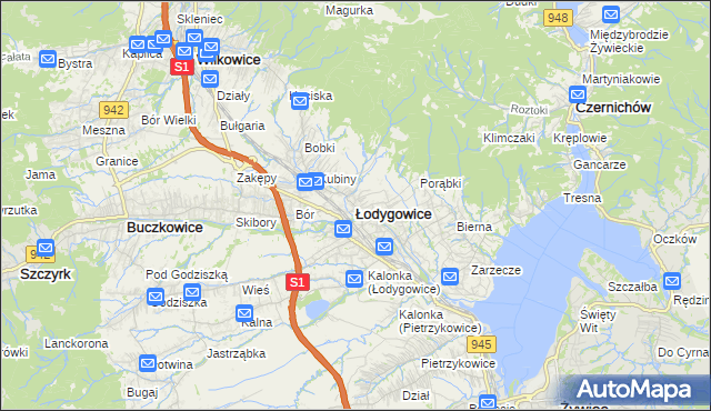 mapa Łodygowice powiat żywiecki, Łodygowice powiat żywiecki na mapie Targeo