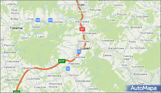 mapa Lubień powiat myślenicki, Lubień powiat myślenicki na mapie Targeo