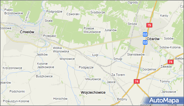 mapa Ługi gmina Wojciechowice, Ługi gmina Wojciechowice na mapie Targeo