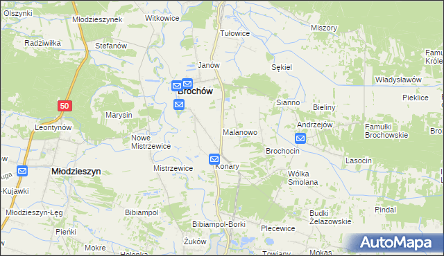 mapa Malanowo gmina Brochów, Malanowo gmina Brochów na mapie Targeo
