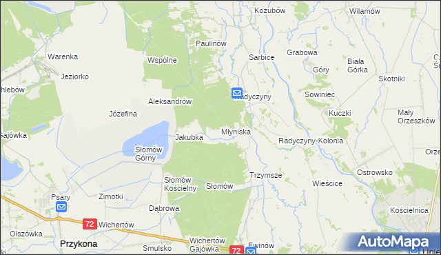 mapa Młyniska gmina Przykona, Młyniska gmina Przykona na mapie Targeo