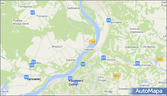 mapa Nasiłów gmina Janowiec, Nasiłów gmina Janowiec na mapie Targeo