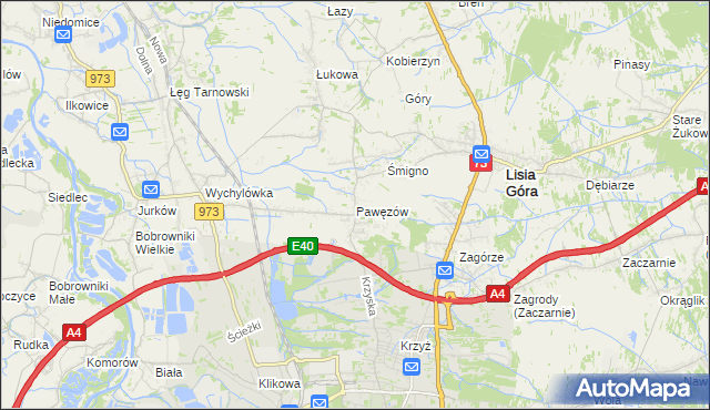 mapa Pawęzów gmina Lisia Góra, Pawęzów gmina Lisia Góra na mapie Targeo