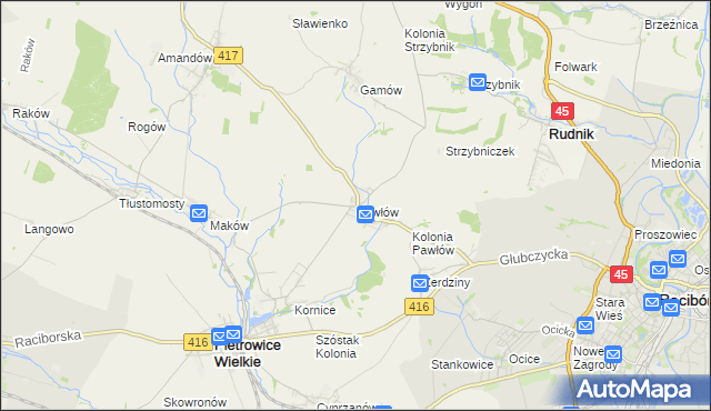 mapa Pawłów gmina Pietrowice Wielkie, Pawłów gmina Pietrowice Wielkie na mapie Targeo