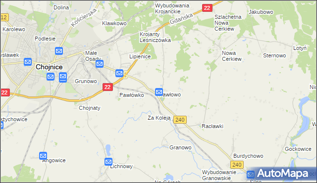 mapa Pawłowo gmina Chojnice, Pawłowo gmina Chojnice na mapie Targeo