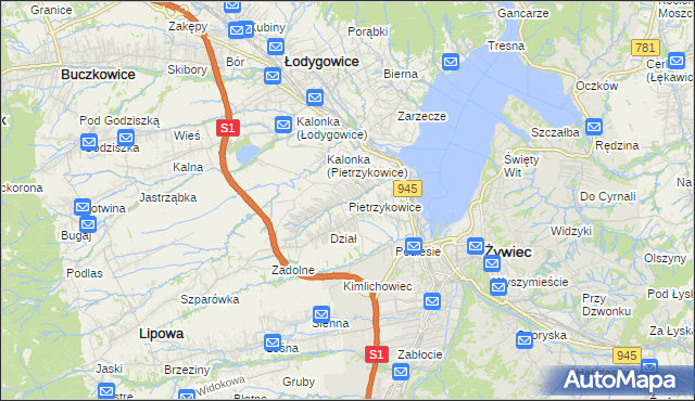 mapa Pietrzykowice gmina Łodygowice, Pietrzykowice gmina Łodygowice na mapie Targeo