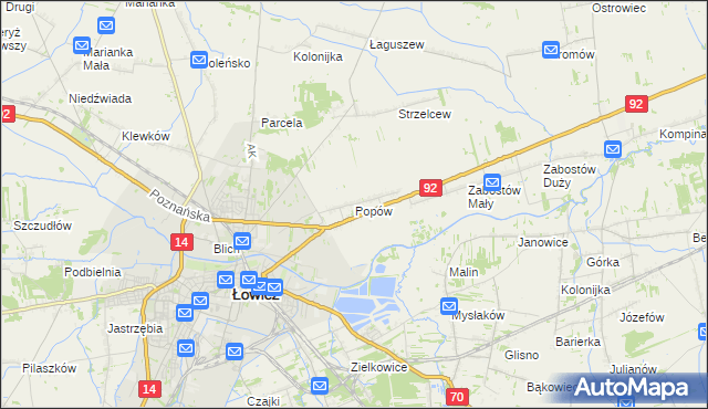 mapa Popów gmina Łowicz, Popów gmina Łowicz na mapie Targeo