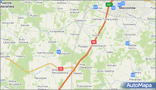 mapa Powązki gmina Mszczonów, Powązki gmina Mszczonów na mapie Targeo