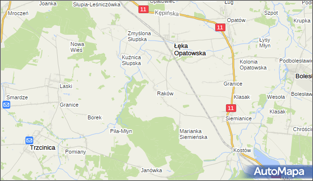 mapa Raków gmina Łęka Opatowska, Raków gmina Łęka Opatowska na mapie Targeo