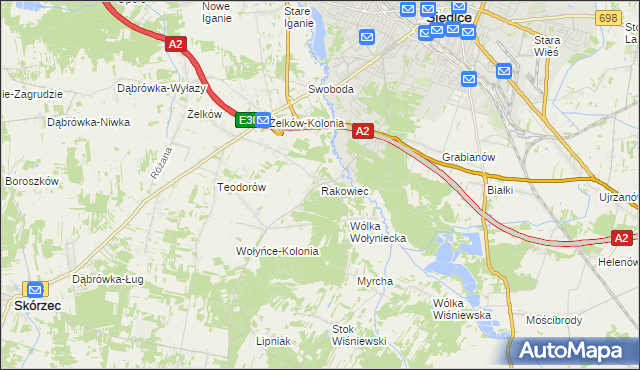 mapa Rakowiec gmina Siedlce, Rakowiec gmina Siedlce na mapie Targeo