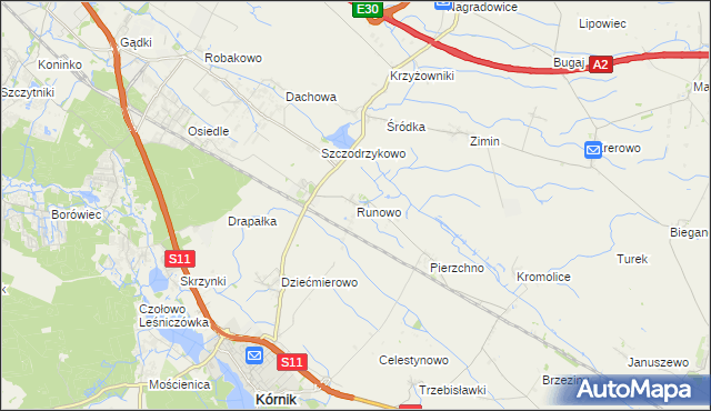 mapa Runowo gmina Kórnik, Runowo gmina Kórnik na mapie Targeo