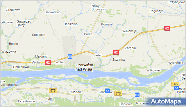 mapa Sielec gmina Czerwińsk nad Wisłą, Sielec gmina Czerwińsk nad Wisłą na mapie Targeo