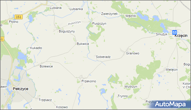 mapa Sobieradz gmina Krzęcin, Sobieradz gmina Krzęcin na mapie Targeo