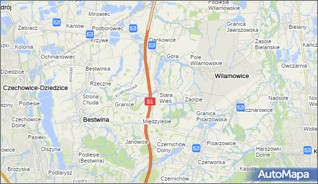 mapa Stara Wieś gmina Wilamowice, Stara Wieś gmina Wilamowice na mapie Targeo