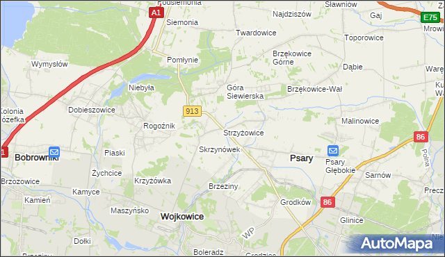 mapa Strzyżowice gmina Psary, Strzyżowice gmina Psary na mapie Targeo