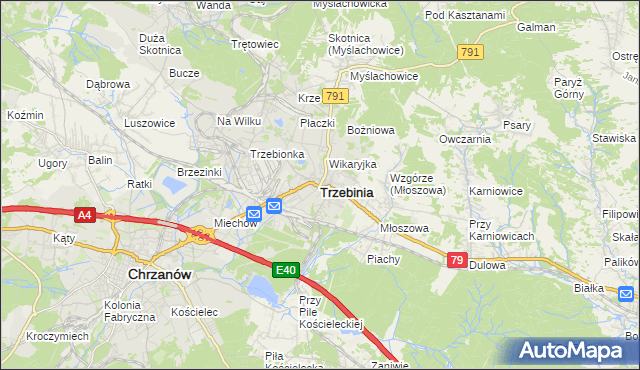 mapa Trzebinia powiat chrzanowski, Trzebinia powiat chrzanowski na mapie Targeo