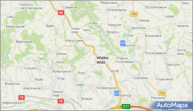 mapa Wielka Wieś powiat krakowski, Wielka Wieś powiat krakowski na mapie Targeo