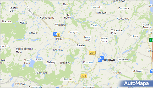 mapa Załęże gmina Przodkowo, Załęże gmina Przodkowo na mapie Targeo