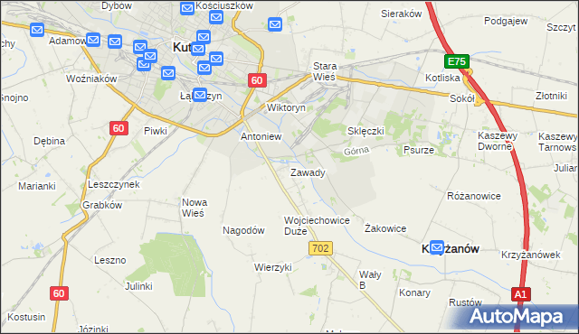 mapa Zawady gmina Krzyżanów, Zawady gmina Krzyżanów na mapie Targeo