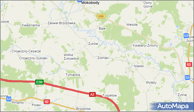 mapa Ziomaki gmina Mokobody, Ziomaki gmina Mokobody na mapie Targeo