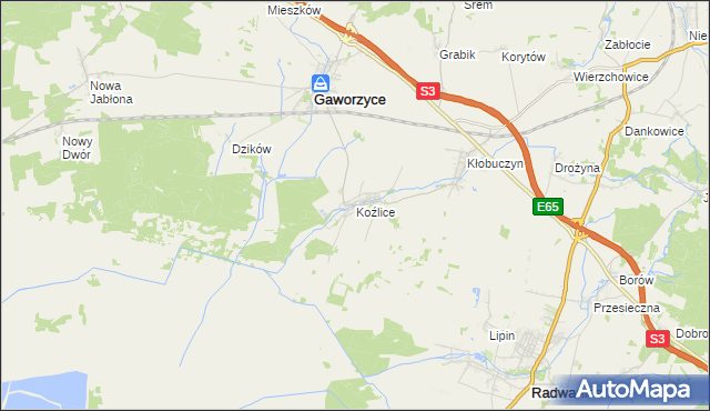 mapa Koźlice gmina Gaworzyce, Koźlice gmina Gaworzyce na mapie Targeo