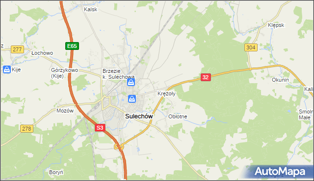 mapa Krężoły gmina Sulechów, Krężoły gmina Sulechów na mapie Targeo