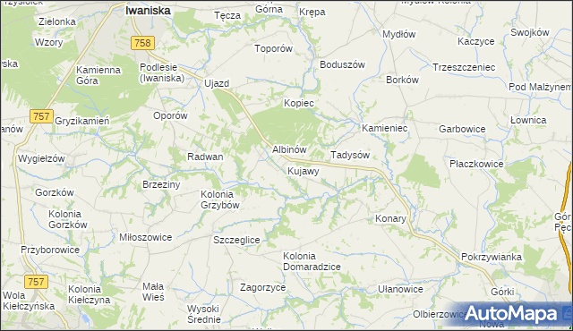 mapa Kujawy gmina Iwaniska, Kujawy gmina Iwaniska na mapie Targeo